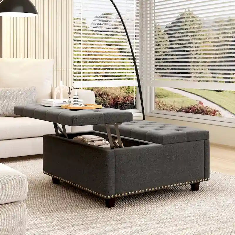 Banc de rangement ottoman carré gris foncé avec couvercle, garniture cloutée, 2 places