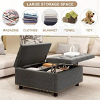 Banc de rangement ottoman carré gris foncé avec couvercle, garniture cloutée, 2 places