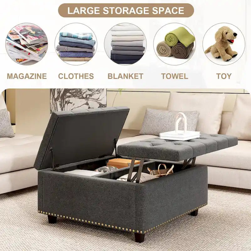 Banc de rangement ottoman carré gris foncé avec couvercle, garniture cloutée, 2 places