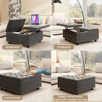 Banc de rangement ottoman carré gris foncé avec couvercle, garniture cloutée, 2 places
