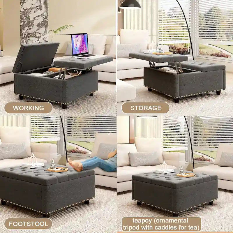 Banc de rangement ottoman carré gris foncé avec couvercle, garniture cloutée, 2 places