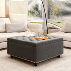 Banc de rangement ottoman carré gris foncé avec couvercle, garniture cloutée, 2 places