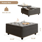 Banc de rangement ottoman carré gris foncé avec couvercle, garniture cloutée, 2 places