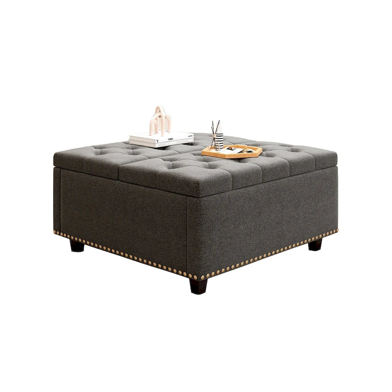 Banc de rangement ottoman carré gris foncé avec couvercle, garniture cloutée, 2 places