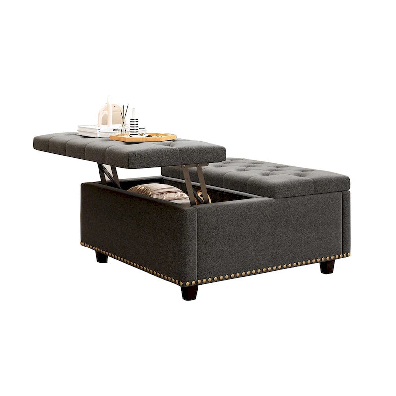 Banc de rangement ottoman carré gris foncé avec couvercle, garniture cloutée, 2 places