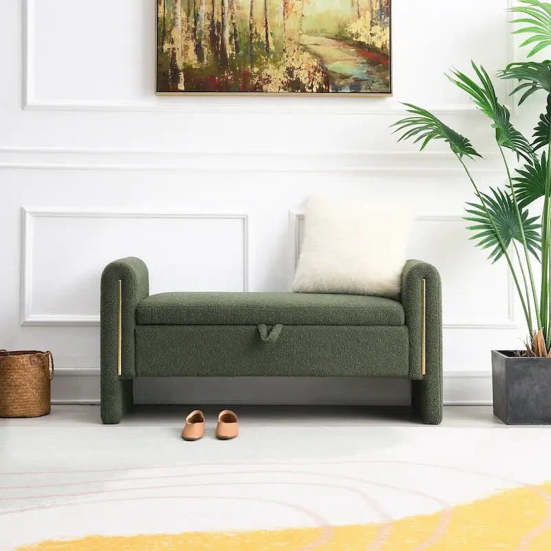 Banc de rangement ottoman en tissu Teddy, simple, vert olive / café / gris / crème