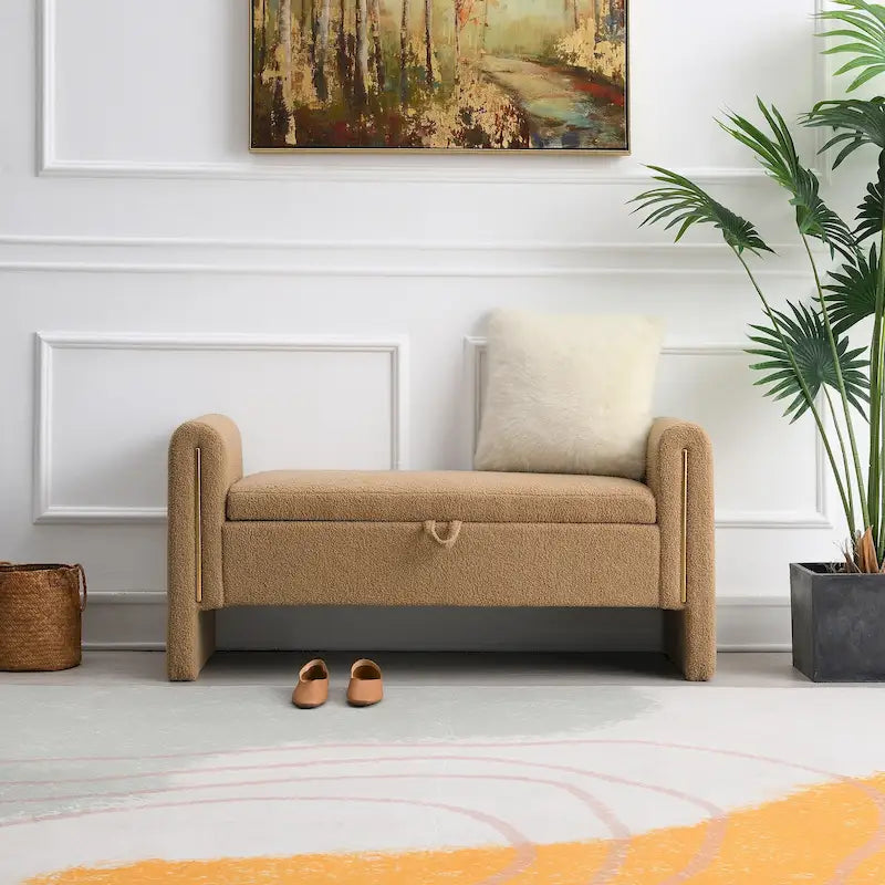 Banc de rangement ottoman en tissu Teddy, simple, vert olive / café / gris / crème