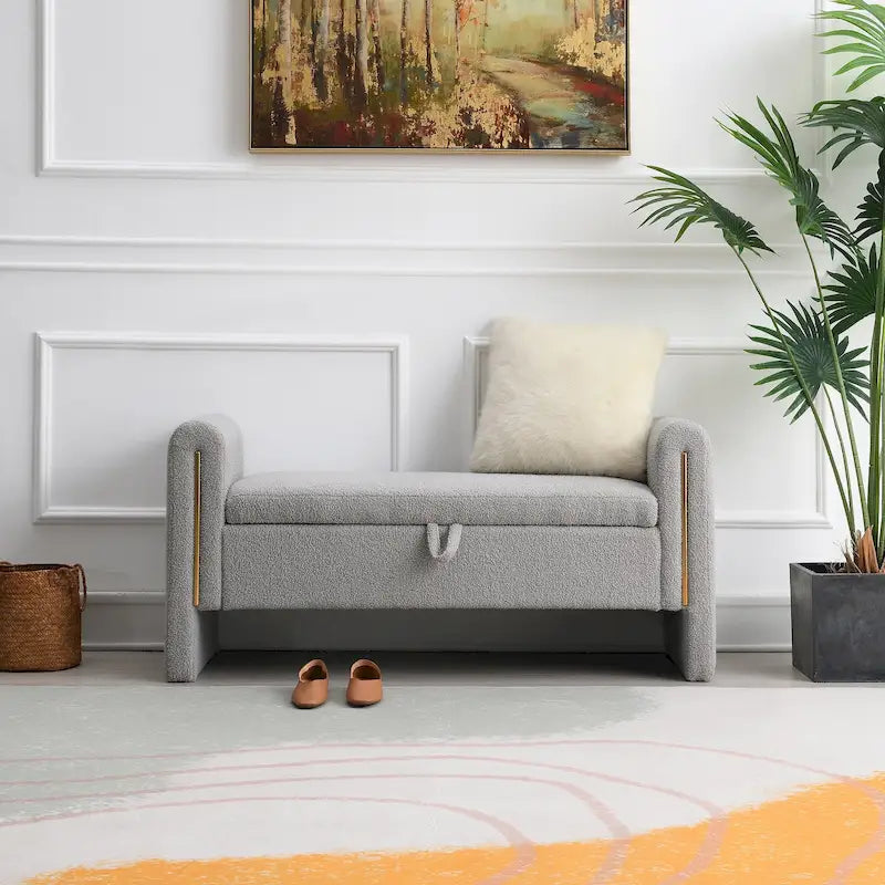 Banc de rangement ottoman en tissu Teddy, simple, vert olive / café / gris / crème