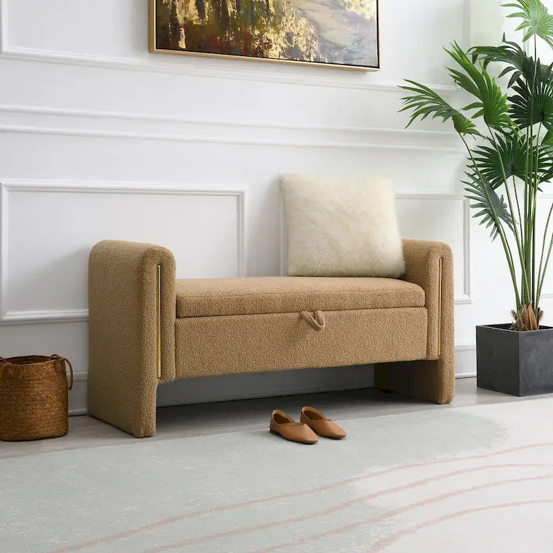 Banc de rangement ottoman en tissu Teddy, simple, vert olive / café / gris / crème
