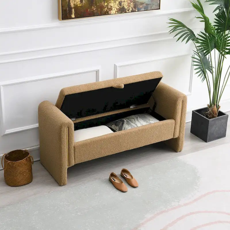 Banc de rangement ottoman en tissu Teddy, simple, vert olive / café / gris / crème