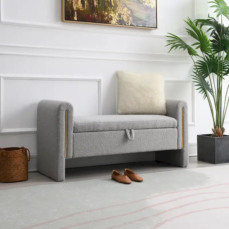 Banc de rangement ottoman en tissu Teddy, simple, vert olive / café / gris / crème