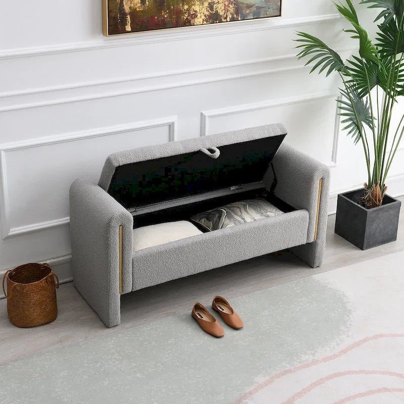 Banc de rangement ottoman en tissu Teddy, simple, vert olive / café / gris / crème