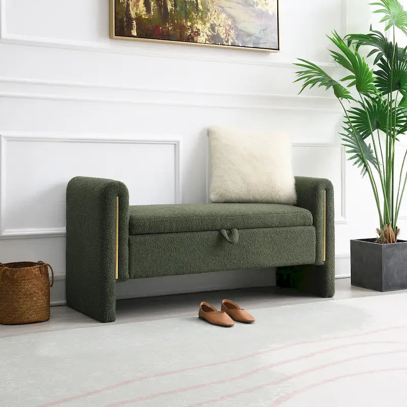 Banc de rangement ottoman en tissu Teddy, simple, vert olive / café / gris / crème