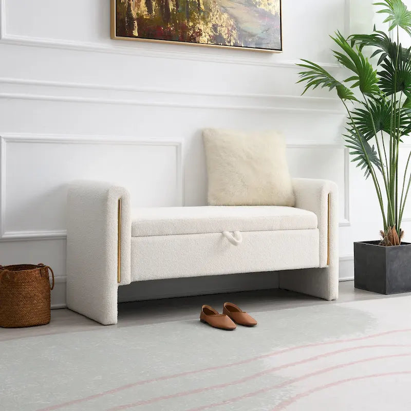 Banc de rangement ottoman en tissu Teddy, simple, vert olive / café / gris / crème