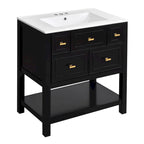 Meuble lavabo de salle de bain 30 po avec évier en céramique, ensemble de vanité autoportant simple avec 5 tiroirs