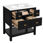 Meuble lavabo de salle de bain 30 po avec évier en céramique, ensemble de vanité autoportant simple avec 5 tiroirs