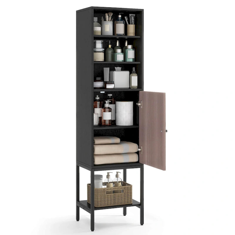 Armoire de rangement haute de 145 cm avec 1 porte et 4 étagères, noire/blanche
