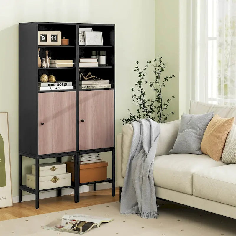 Armoire de rangement haute de 145 cm avec 1 porte et 4 étagères, noire/blanche