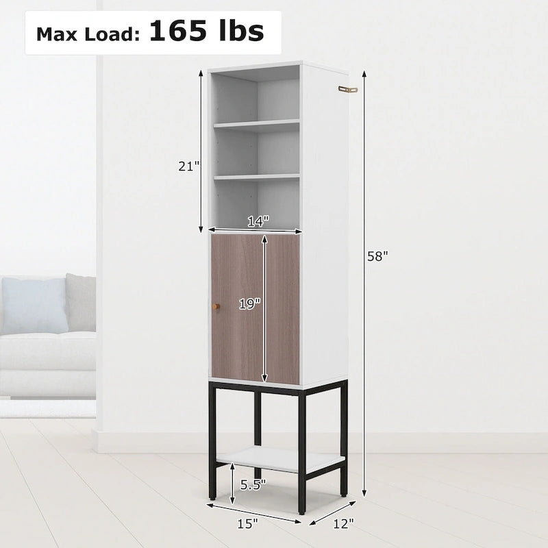 Armoire de rangement haute de 145 cm avec 1 porte et 4 étagères, noire/blanche