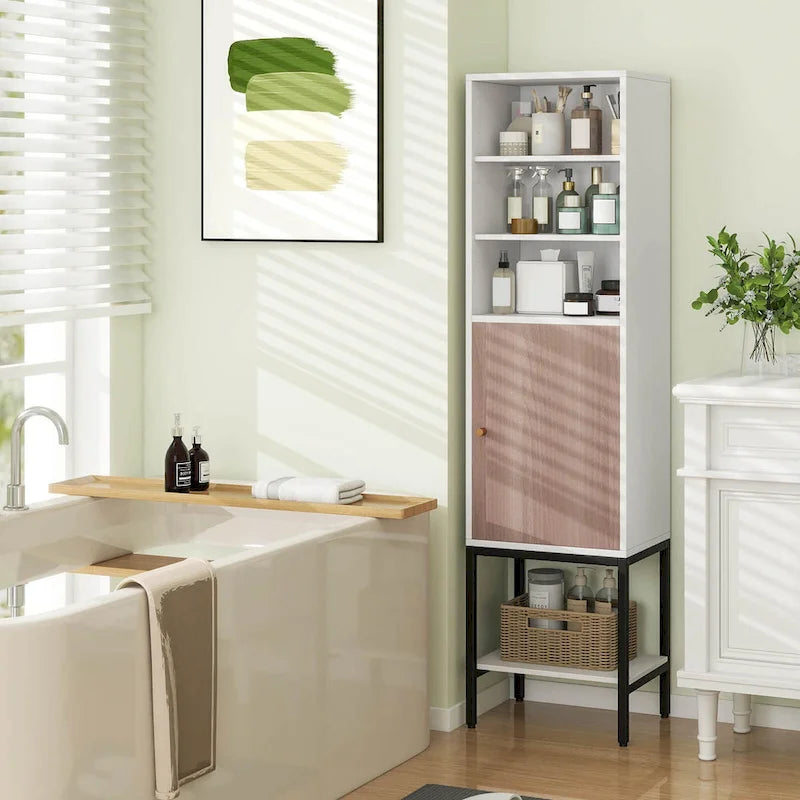 Armoire de rangement haute de 145 cm avec 1 porte et 4 étagères, noire/blanche
