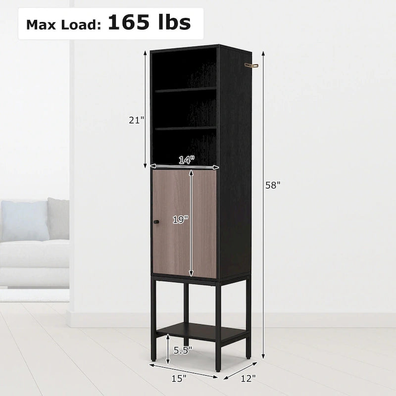 Armoire de rangement haute de 145 cm avec 1 porte et 4 étagères, noire/blanche