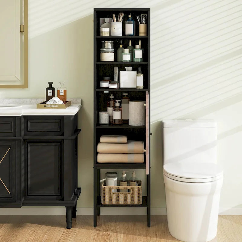 Armoire de rangement haute de 145 cm avec 1 porte et 4 étagères, noire/blanche