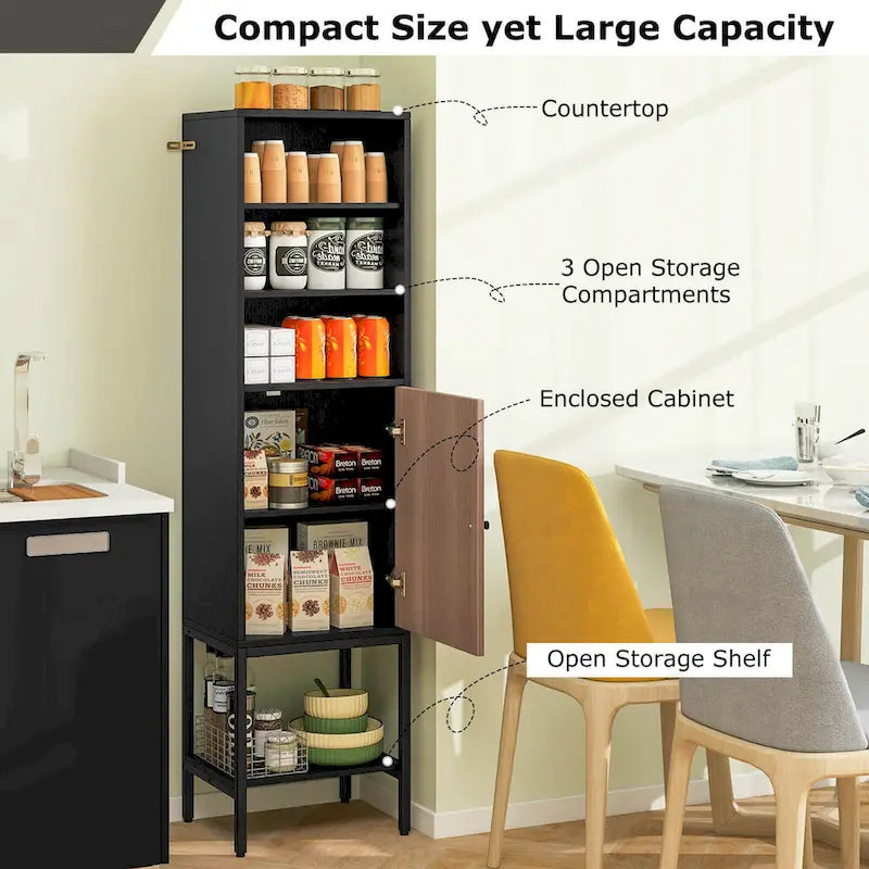 Armoire de rangement haute de 145 cm avec 1 porte et 4 étagères, noire/blanche