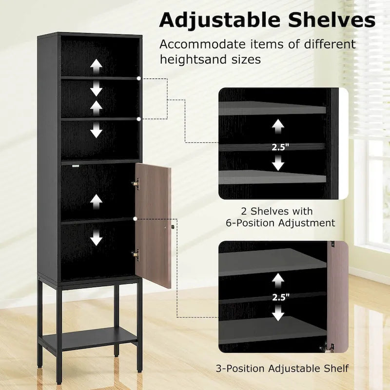Armoire de rangement haute de 145 cm avec 1 porte et 4 étagères, noire/blanche
