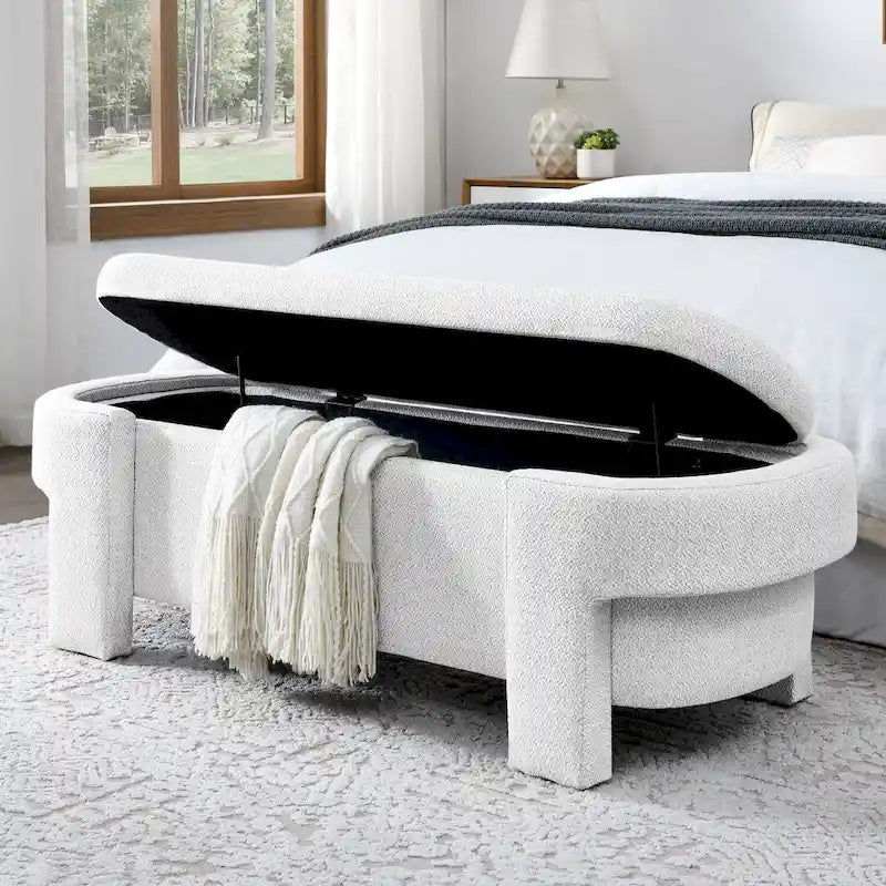 Banc de rangement capitonné en lin blanc, 2 places, 130,8 cm