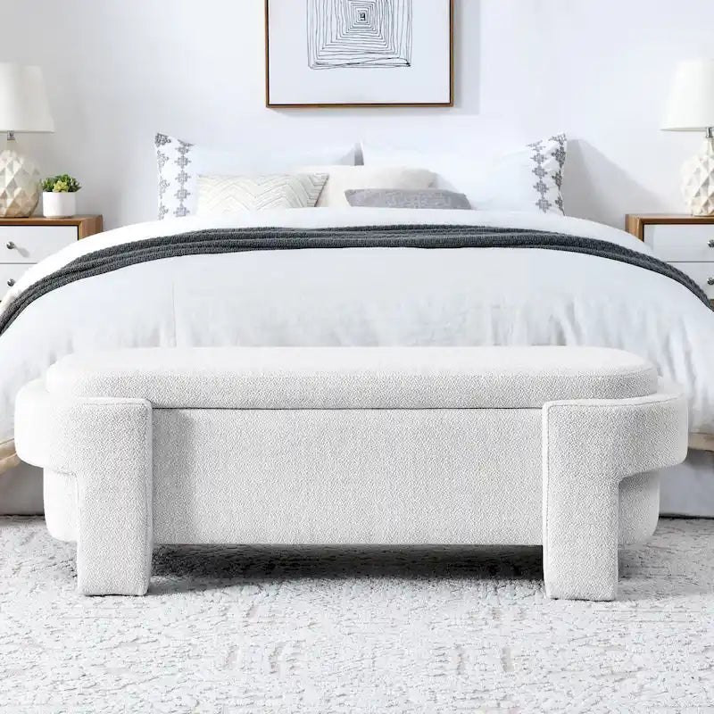 Banc de rangement capitonné en lin blanc, 2 places, 130,8 cm