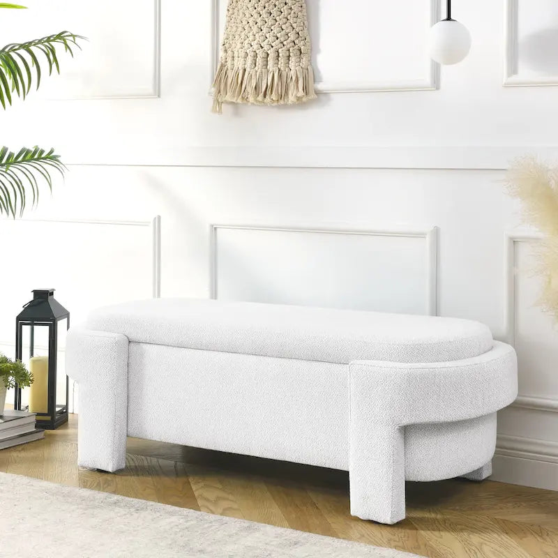 Banc de rangement capitonné en lin blanc, 2 places, 130,8 cm