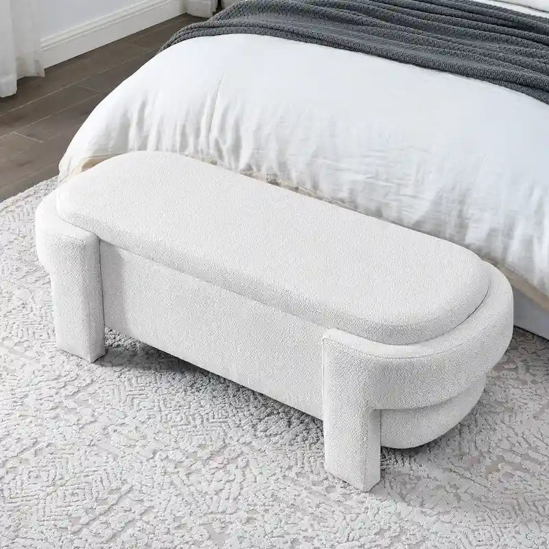 Banc de rangement capitonné en lin blanc, 2 places, 130,8 cm