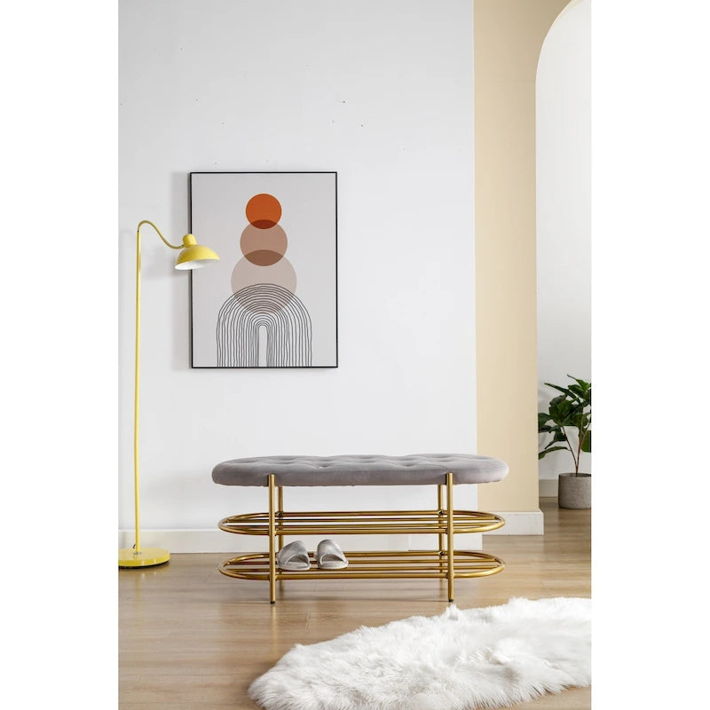 Banc de rangement capitonné en velours gris / rose / noir – 1 personne, pour chambre et entrée