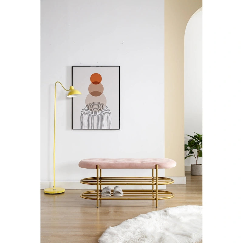 Banc de rangement capitonné en velours gris / rose / noir – 1 personne, pour chambre et entrée