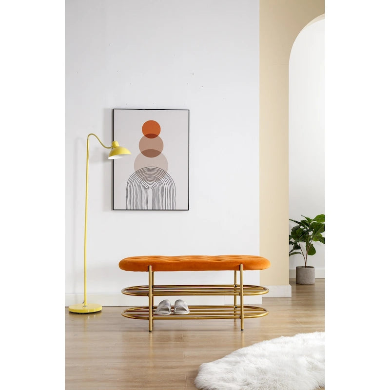 Banc de rangement capitonné en velours gris / rose / noir – 1 personne, pour chambre et entrée
