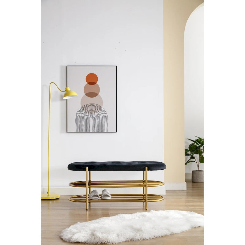 Banc de rangement capitonné en velours gris / rose / noir – 1 personne, pour chambre et entrée