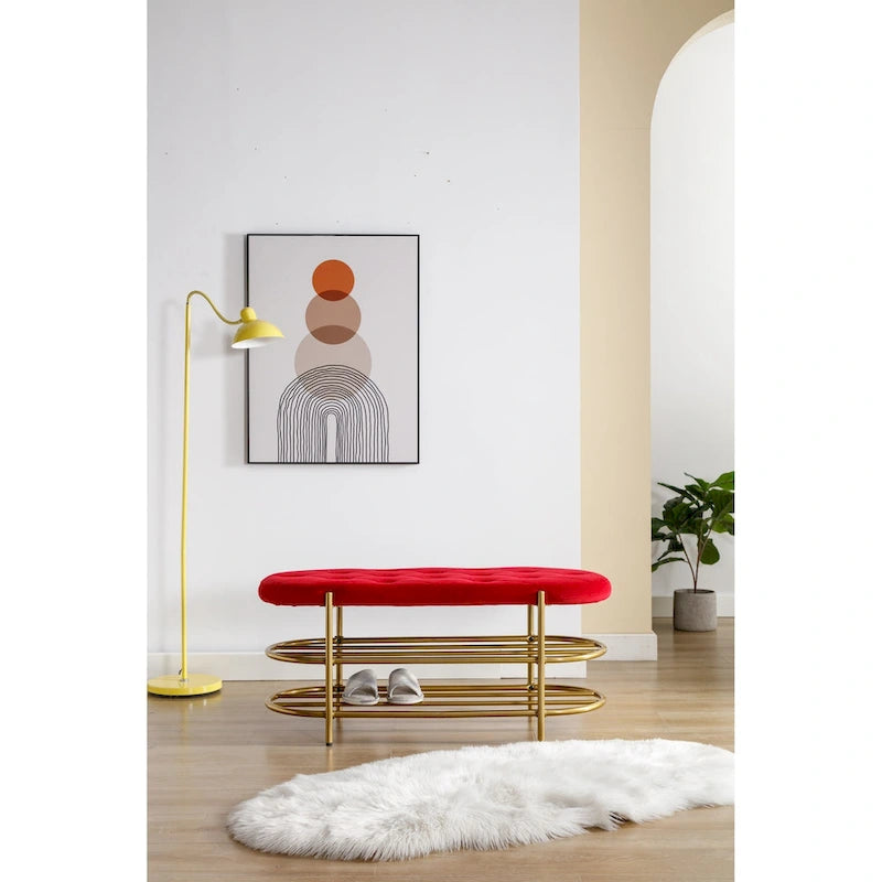Banc de rangement capitonné en velours gris / rose / noir – 1 personne, pour chambre et entrée