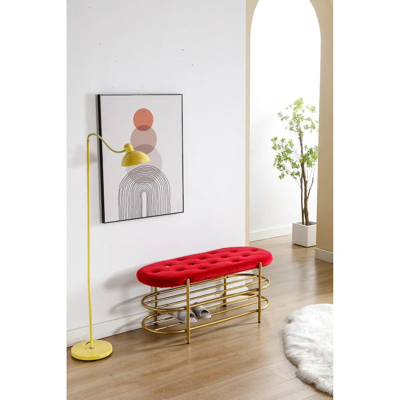 Banc de rangement capitonné en velours gris / rose / noir – 1 personne, pour chambre et entrée