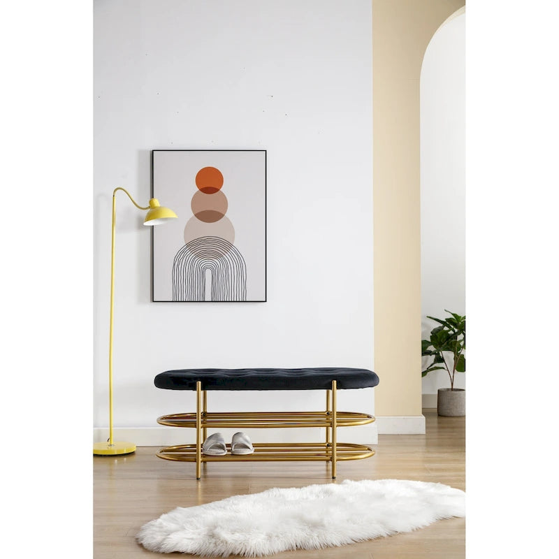 Banc de rangement capitonné en velours gris / rose / noir – 1 personne, pour chambre et entrée