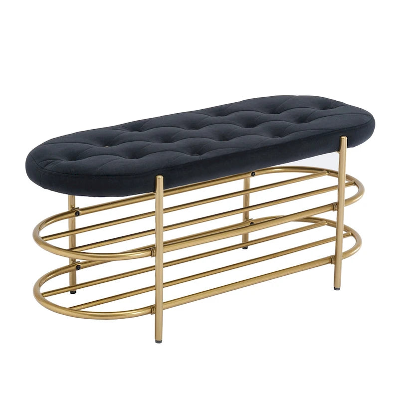 Banc de rangement capitonné en velours gris / rose / noir – 1 personne, pour chambre et entrée