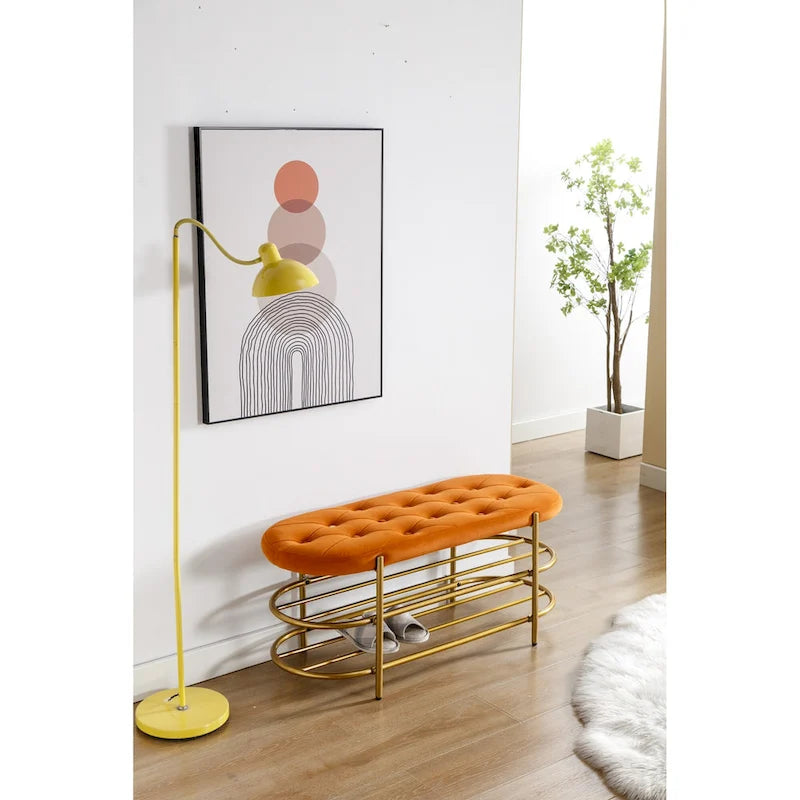 Banc de rangement capitonné en velours gris / rose / noir – 1 personne, pour chambre et entrée