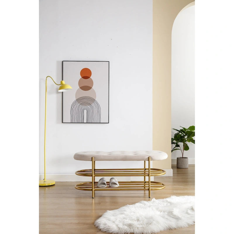 Banc de rangement capitonné en velours gris / rose / noir – 1 personne, pour chambre et entrée