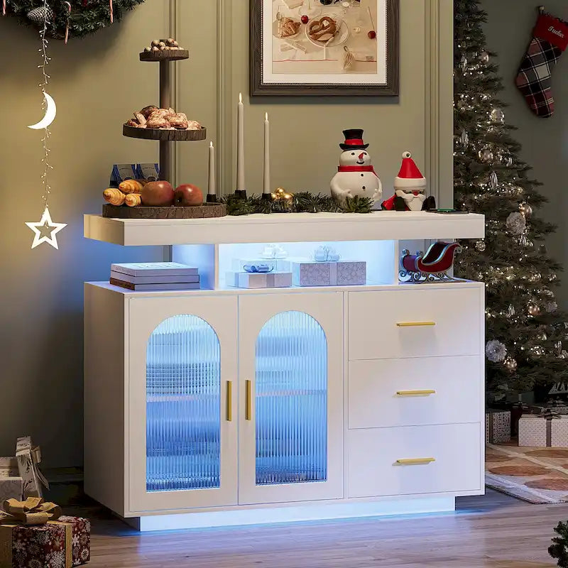Buffet de 99 cm avec lumières LED et ports de charge – Blanc/Noir, 2 portes 3 tiroirs