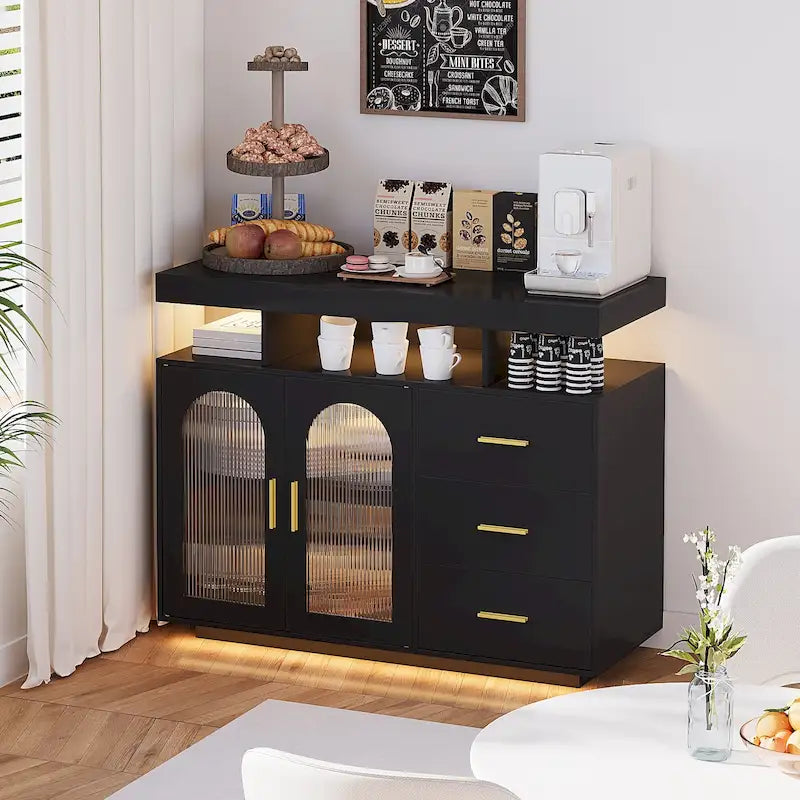 Buffet de 99 cm avec lumières LED et ports de charge – Blanc/Noir, 2 portes 3 tiroirs