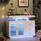 Buffet de 99 cm avec lumières LED et ports de charge – Blanc/Noir, 2 portes 3 tiroirs