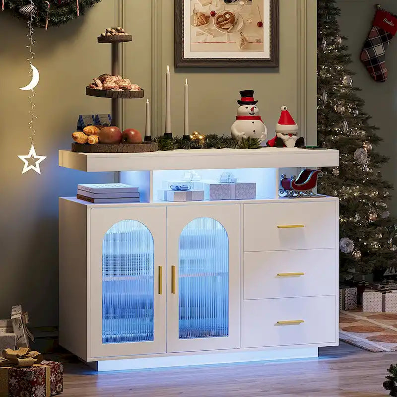 Buffet de 99 cm avec lumières LED et ports de charge – Blanc/Noir, 2 portes 3 tiroirs