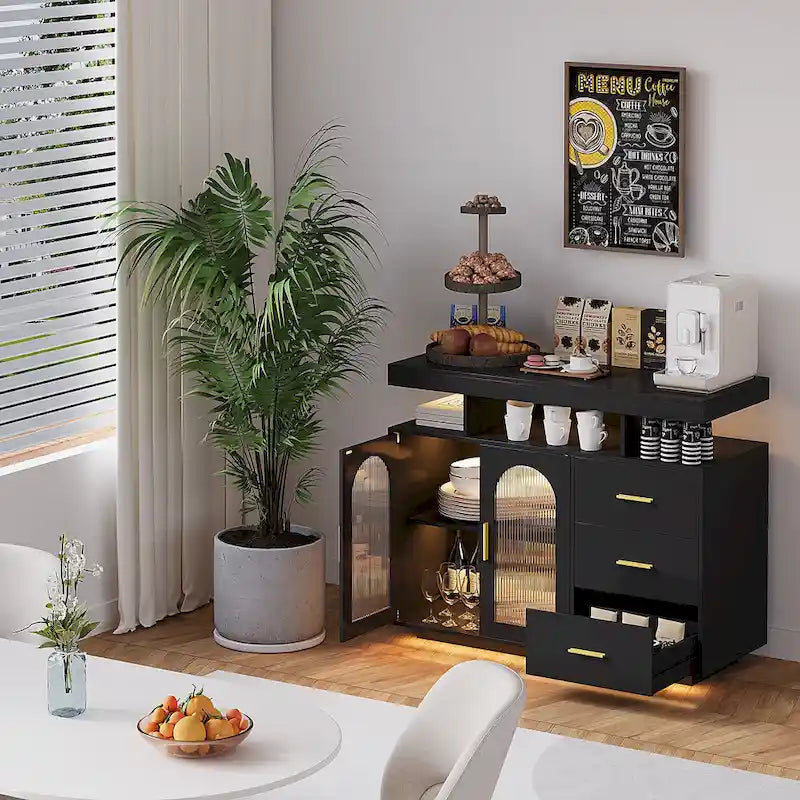 Buffet de 99 cm avec lumières LED et ports de charge – Blanc/Noir, 2 portes 3 tiroirs