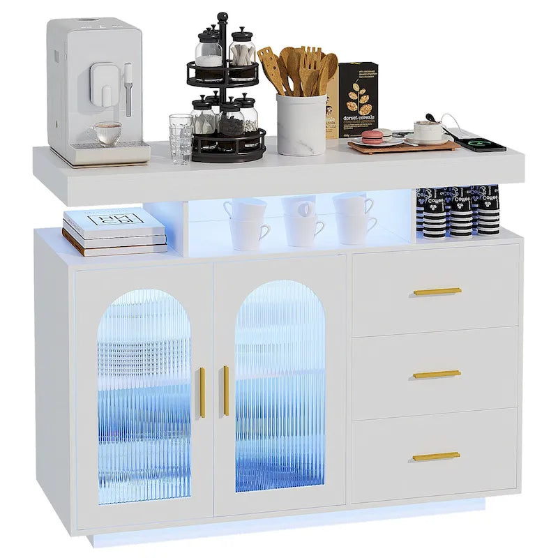 Buffet de 99 cm avec lumières LED et ports de charge – Blanc/Noir, 2 portes 3 tiroirs