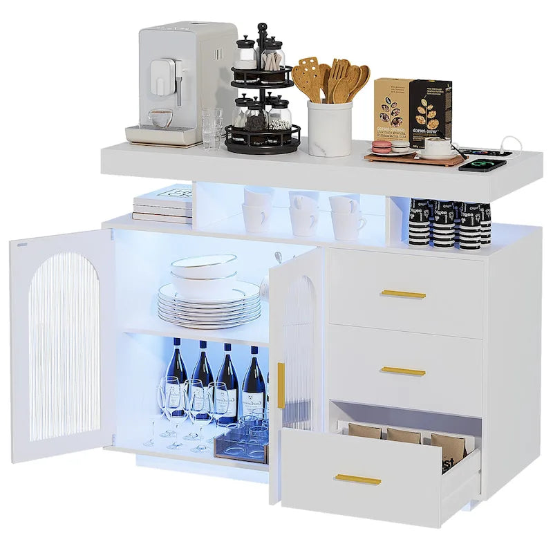 Buffet de 99 cm avec lumières LED et ports de charge – Blanc/Noir, 2 portes 3 tiroirs