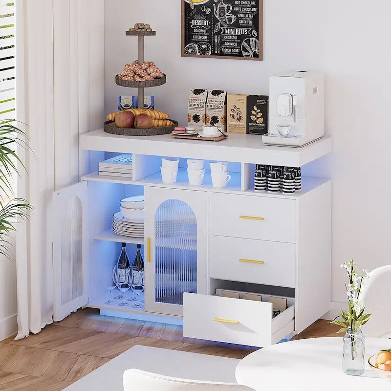 Buffet de 99 cm avec lumières LED et ports de charge – Blanc/Noir, 2 portes 3 tiroirs